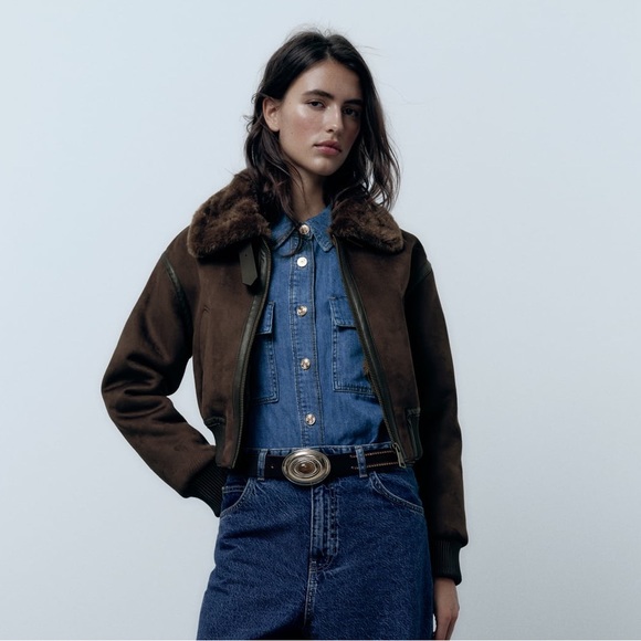Zara double faced jacket aviator bomber coat faux fur suede brown XS 6318/239 - Picture 7 of 16